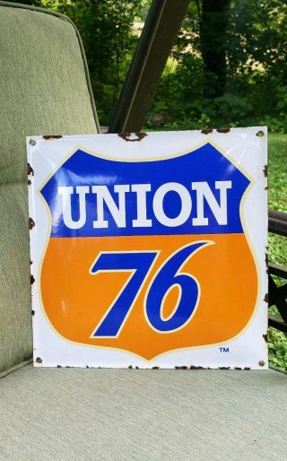 Union 76 Gasoline Porcelain Sign Vintage Gas Pump Plate Dome Globe Minute Man