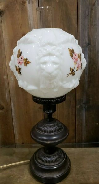 Vintage Gone With The Wind Lamp White Milk Glass Globe Lion Heads Flowers