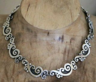 Vtg Mexico Sterling Silver Art Deco Oxidized Scroll Link Necklace 68 Grams 16 In