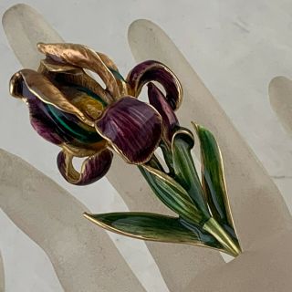 Vintage Museum Of Fine Arts Mfa Signed Iris Enamel Flower Brooch Pin Gold Tone