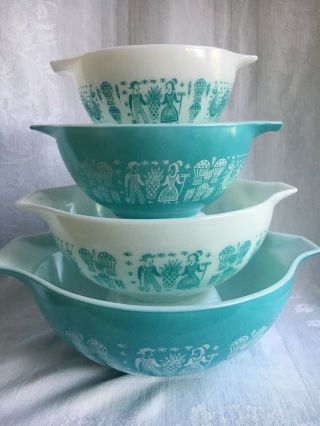 Vintage Set Of 4 Pyrex Amish Butterprint Cinderella Mixing Bowls - Exc.