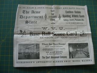 Vintage West Virginia University Wvu 1909 Baseball Scorecard Program Pittsburgh