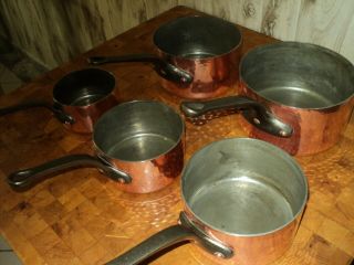 5 Vintage,  Mauviel,  2.  5mm Sauce Pans,  Villedieu,  French Copper,  W/ Tin Lining.