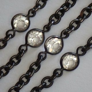 Long Antique Art Deco Blackened Steel Bezel Set Crystal Paste Chain Necklace