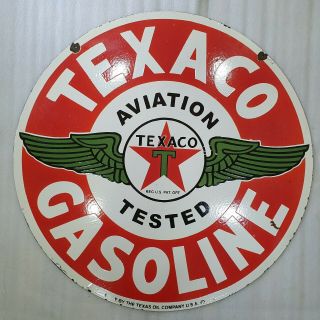 Texaco Aviation Gasoline 2 Sided 30 Inches Round Vintage Enamel Sign