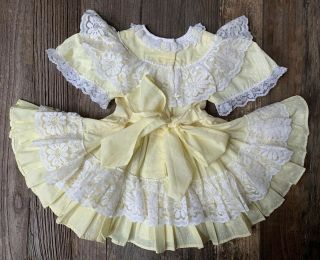 Vintage Girl 3 4 Party Dress Full Circle Ruffle Swiss Dot Yellow Lace Bow Party