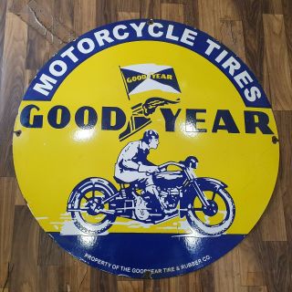 GOODYEAR MOTORCYCLE TIRES VINTAGE PORCELAIN SIGN 30 INCHES ROUND 2