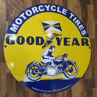 GOODYEAR MOTORCYCLE TIRES VINTAGE PORCELAIN SIGN 30 INCHES ROUND 3
