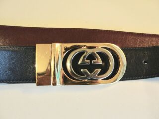 Vintage Gucci Gold&silver Double G Gg Reversible Black&burgundy Leather Belt S