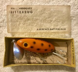 Fishing Lure Fred Arbogast Jitterbug Rare Spotted Orange Box Papers Tackle Bait