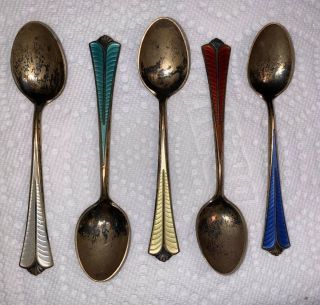 Vintage David Andersen Sterling Silver/Enamel Demitasse Spoons Norway 2