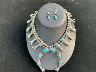 Vintage Navajo Sterling W/ Turquoise Squash Blossom Necklase & Earring Set