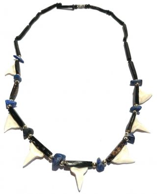 Vintage Shark Tooth Lapis Coral Gold Tone Bead Exotic Natural Artisan Necklace