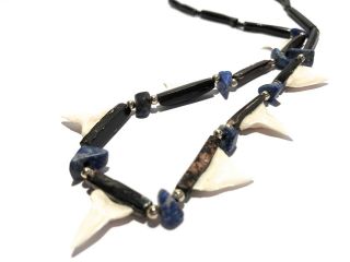 VINTAGE SHARK TOOTH LAPIS CORAL GOLD TONE BEAD EXOTIC NATURAL ARTISAN NECKLACE 5