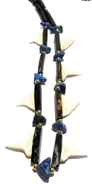 VINTAGE SHARK TOOTH LAPIS CORAL GOLD TONE BEAD EXOTIC NATURAL ARTISAN NECKLACE 9