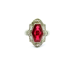 Vintage 14k White Gold Filigree Ring With A Synthetic Ruby Sz - 6,  3.  9gr