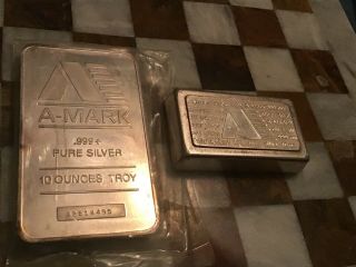 Vintage A Mark Silver Bars.  2 - 10 Oz Troy.  999 Silver.  20 Oz Total