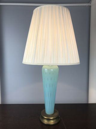 Large Vintage Glass Table Lamp Aqua Blue With Shade,  Mid Century Modern