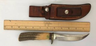 Vintage Randall 45 Stag Handled Fixed 5” Blade Knife With Sheath & Stone
