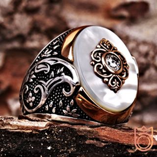 Mens Pearl Ring Gemstone Rings For Men Vintage Engraved Unique White Stone Man