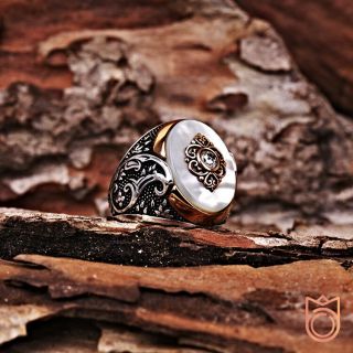 Mens Pearl Ring Gemstone Rings For Men Vintage Engraved Unique White Stone Man 4