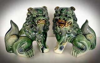 Large Vintage Mid Century Porcelain Foo Dogs - H 8 3/4” X L 8 3/4”