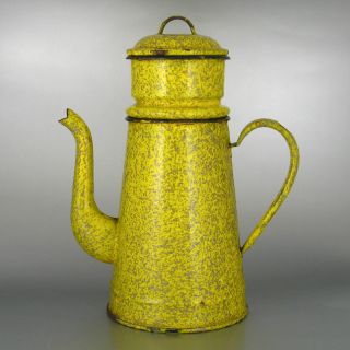 Vintage French Enamelware Graniteware Yellow And Gray Enamel Coffee Pot