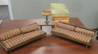 Vtg Mattel Modern Mid Century Doll Furniture 2 Beds Table & Lamp 810 W/box