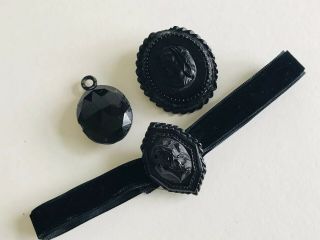 Antique Victorian Whitby Jet Carved Cameo Brooch,  Collar And Locket