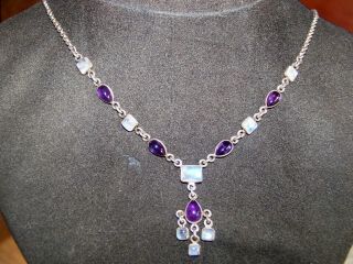 Vintage Jewellery Stamped 925 Sterling Silver Blue Moonstone & Amethyst Necklace