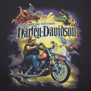 Vtg 1987 Xl Paper Thin On The 8th Day God Created Harley Davidson Black T Shirt