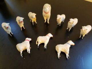 Set Of 10 Putz Vintage Antique German Wooden Stick Leg Wool Covered Sheep/lamb