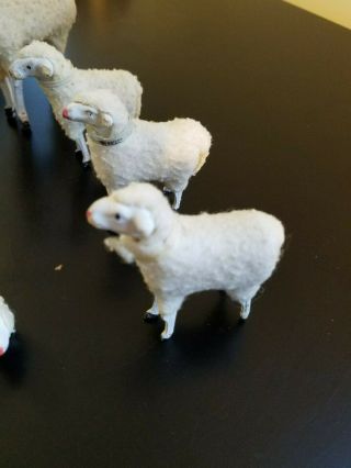 Set of 10 Putz Vintage Antique German Wooden Stick Leg Wool Covered Sheep/Lamb 3