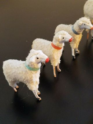 Set of 10 Putz Vintage Antique German Wooden Stick Leg Wool Covered Sheep/Lamb 5