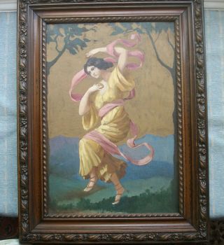 Old Antique French Oil Painting Classical Maiden Lady Portrait Music And Dance