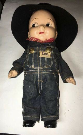 Vintage Buddy Lee Type Doll Overalls Jeans Cowboy Hat Union Made Lee Buttons