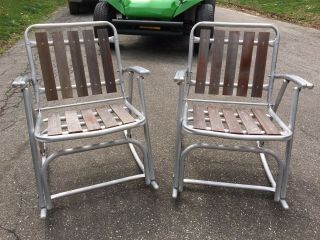 2 Vtg Redwood Slat & Aluminum Folding Rocking Chairs 1950’s Lawn & Patio Rockers