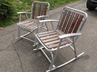 2 VTG REDWOOD SLAT & ALUMINUM FOLDING ROCKING CHAIRS 1950’s LAWN & PATIO ROCKERS 3