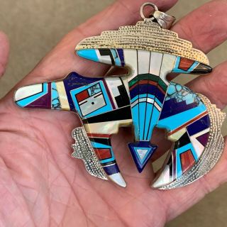 Large (4 ") Vintage Native American Inlay Bear Pendant Silver/turquoise/stones.