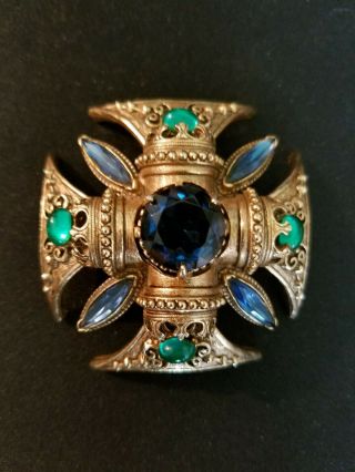 Signed Vintage Florenza Blue & Green Rhinestone Maltese Cross Brooch / Pendant