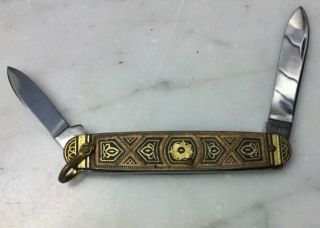 Old Vintage & Rare Toledo Spain Pocket Knife Hand Tooled Damasceane Signed