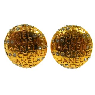 Auth Chanel Vintage Cc Rhinestone Button Earrings Gold Clip - On 0.  9 " Rk13751a