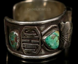 Old Pawn Navajo Vintage Initialed Solid Sterling Turquoise Watch Cuff Bracelet