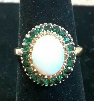 10k Vintage Yellow Gold 3ct Natural Opal& Green Stone Halo Ring - Sz 6 3/4