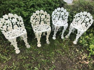 Set Of 4 Garden Arm Chairs Vtg Grape Vine Cast Iron White Vintage