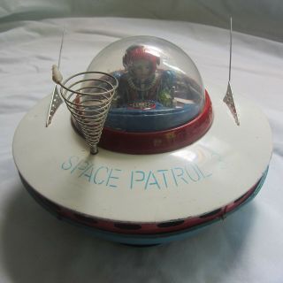 Vintage YOSHIYA JAPAN Space Patrol 3 Flying Saucer Toy Tin Battery Op 6