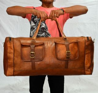Brown Vintage Leather Goathide Travel Luggage Duffle Gym Bags