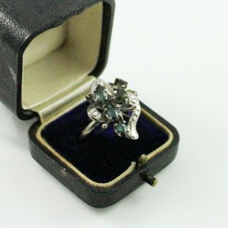 Antique Vintage Deco Retro 14k White Gold 1.  15 Ct Green Sapphire Spray Ring 6.  5