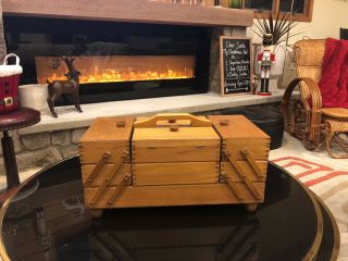Sewing Basket Box Wooden Mid Century Knitting Storage Vtg Retro Accordion Fold