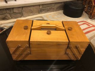 Sewing Basket Box Wooden Mid Century Knitting Storage Vtg Retro Accordion Fold 2